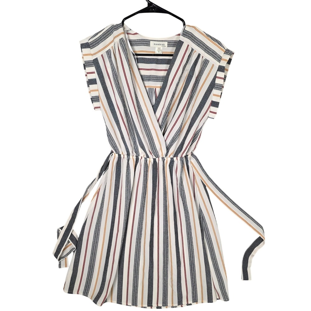 Monteau Los Angeles Striped Midi‎ Dress Low V-Neck Tie Waist